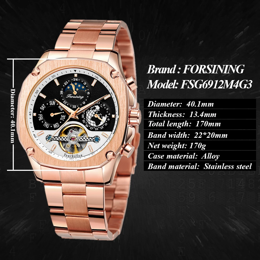 FORSINING Brand Mens Mechanical Watches Super Grand Automatic Moonphase Tourbillon Earth Date Rose Gold Steel Belt Watch Relogio