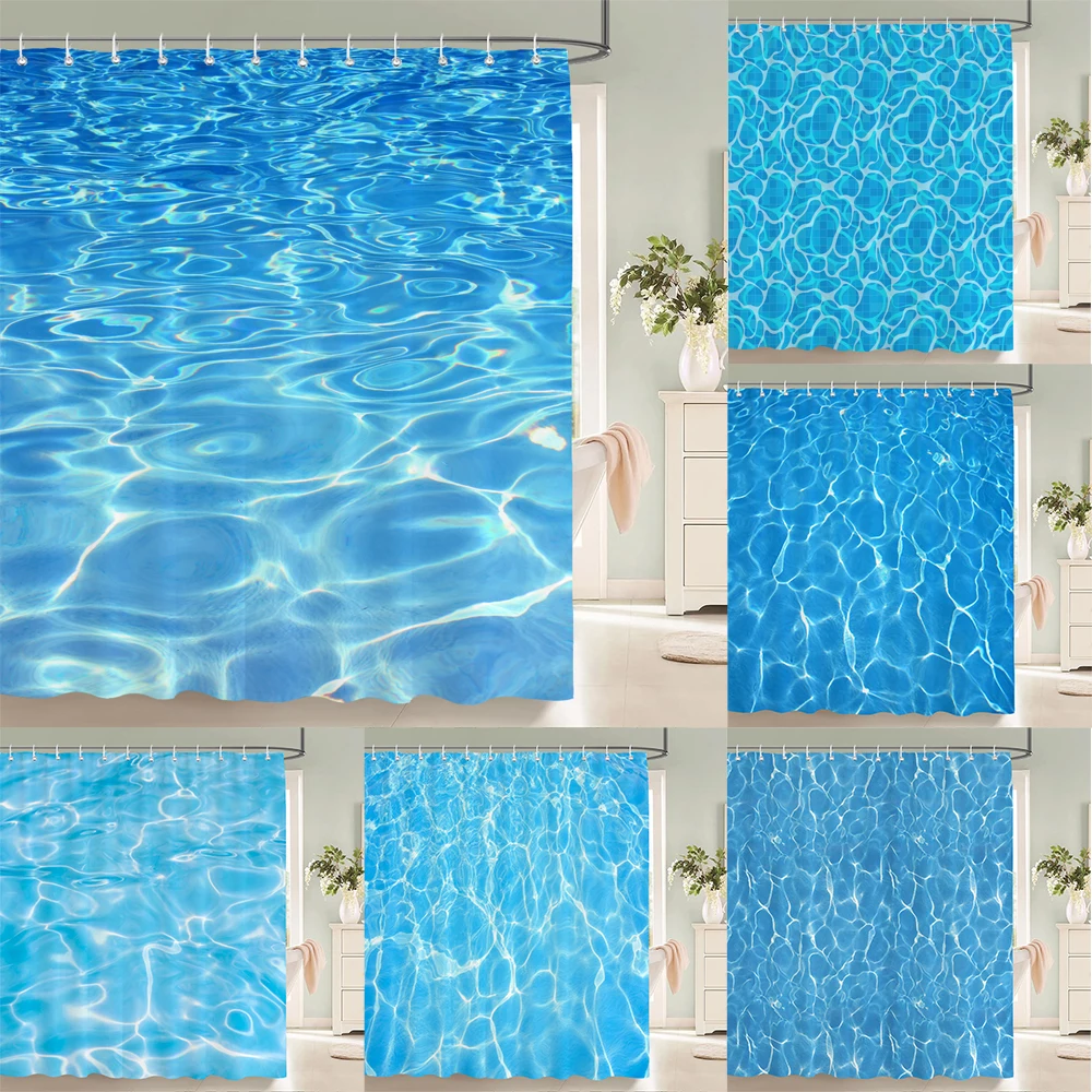 1 pc Blue minimalist art water ripple printing polyester material shower curtain waterproof fabric, bathroom partition curtain