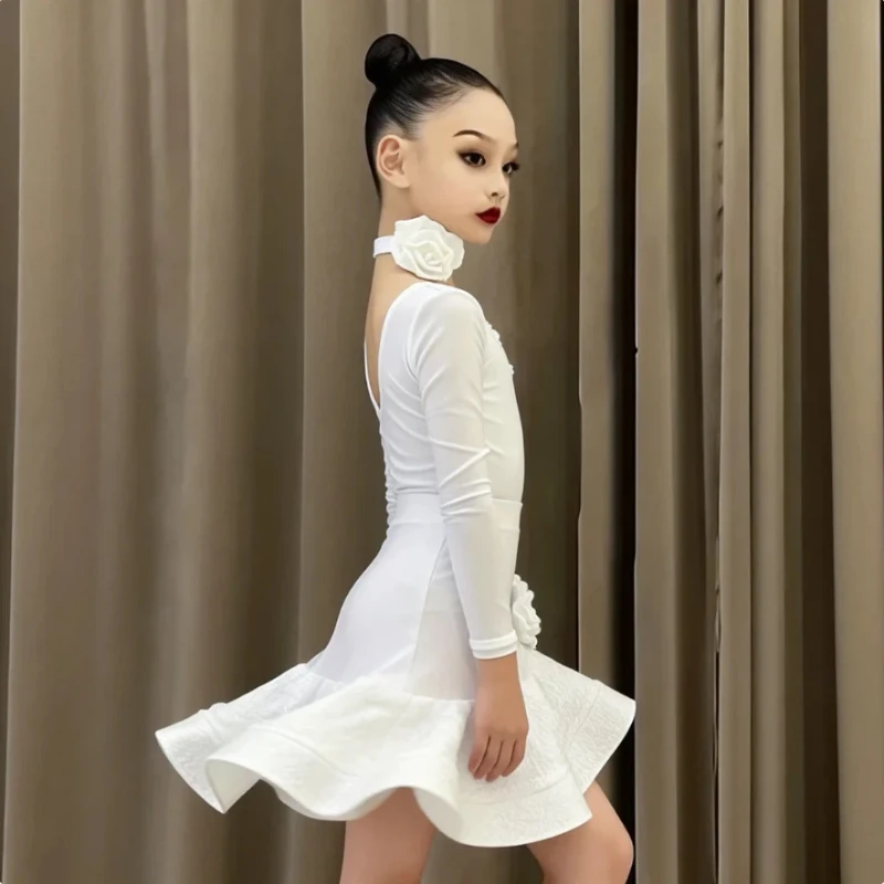 

New Latin Dance Dress Girls Long Sleeve Children's Training Dress Girls Tango Rumba Dress Performance Outfits
