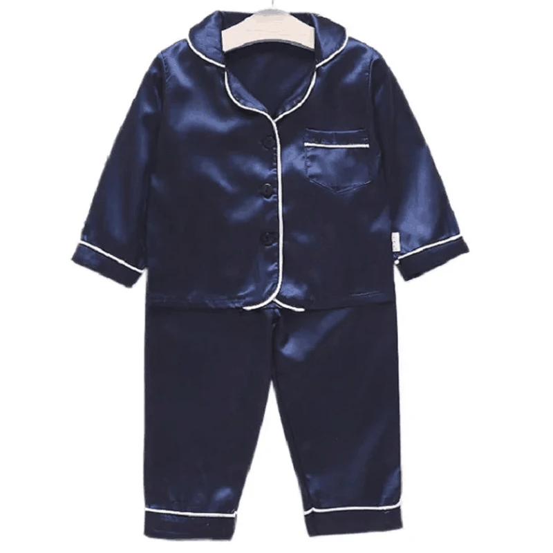 LJW children\'s pajama set solid color long sleeved lapel baby silk satin top and pants set for home decoration baby pajamas