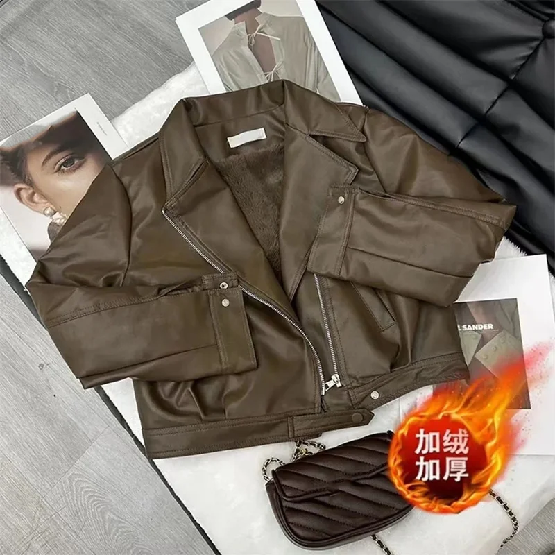 Outono inverno senhoras lapela couro falso outwear retro feminino mangas compridas jaqueta de couro 2025 feminino curto couro do plutônio topos casaco