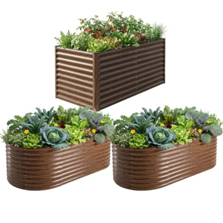 Brown Raised Garden Bed, 3-Piece Set Includes 1 Rectangular and 2 Oval Galvanized Garden Beds, 36