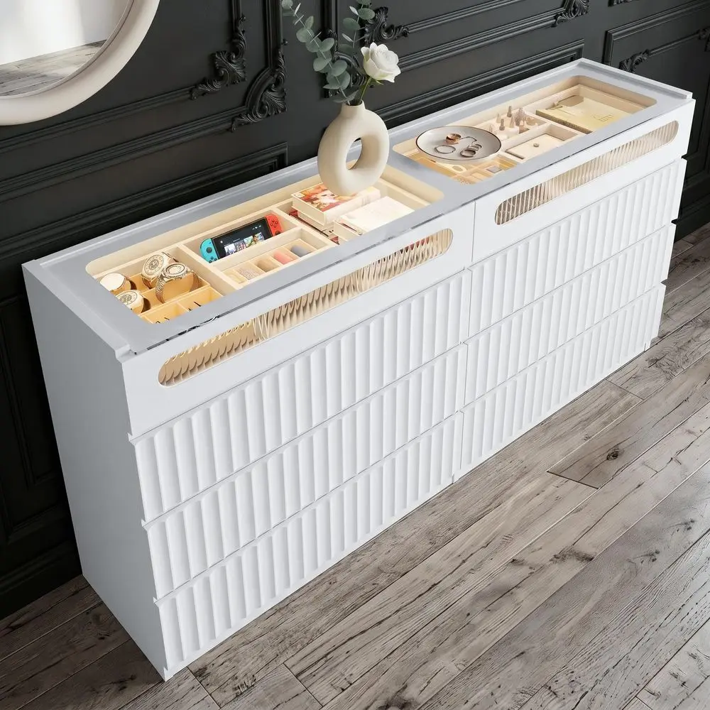Fluted 8 Drawer Dresser,with LED Lights,Tempered Glass Panel,Drawer Dresser,Hidden Handles.Compartmentalized Storage Drawer,Bed