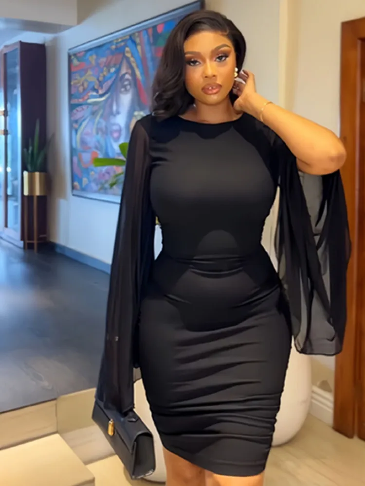 

BKLD Women Clothing 2025 Autumn New Solid Color Black Dress Round Neck Flare Sleeve Sexy Backless Tight Fitting Party Dresses