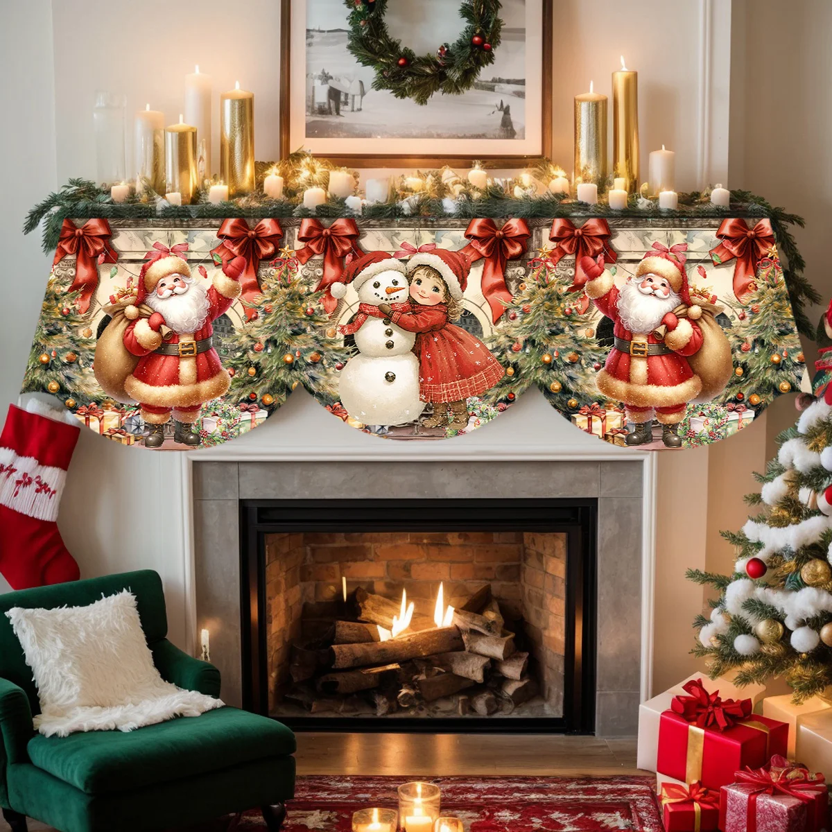 VIKAMA Christmas Fireplace Mantel Scarf Vintage Santa Snowman Mantel Topper Holiday Fireplace Shelf Cover Retro Home Decor