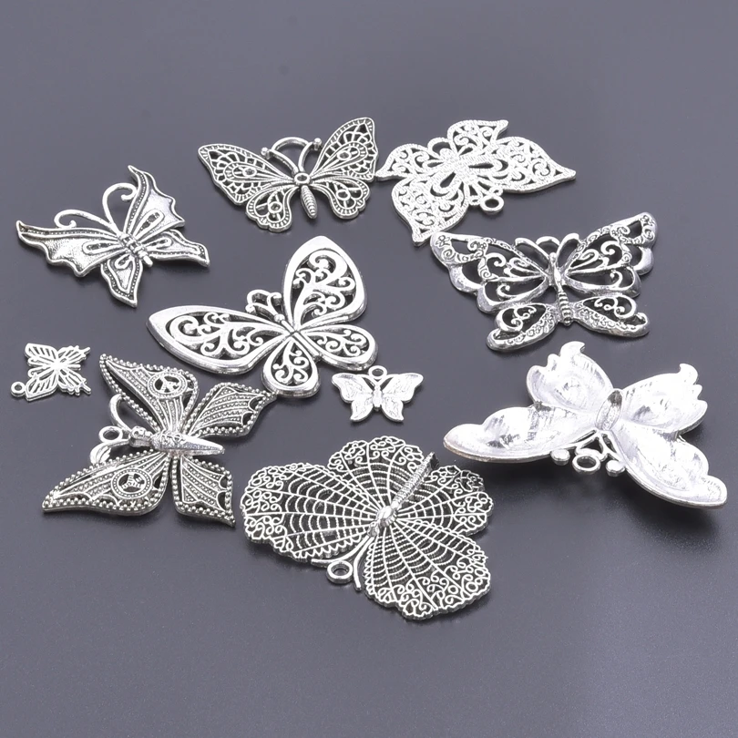 10pcs/Lot Big Hollow Out Butterfly Charms For Jewelry Making Charm Animal Pendant Silver Color DIY Necklace Vintage Accessories