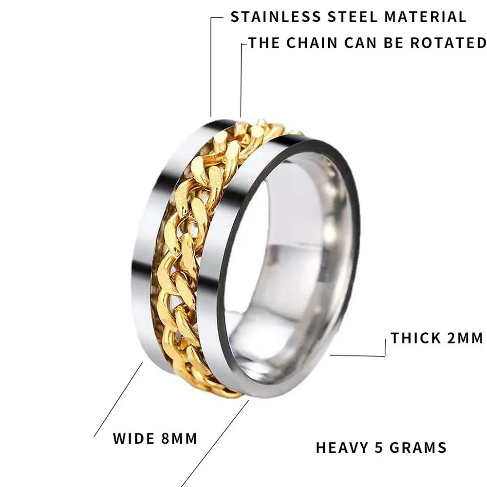 Vintage Stainless Steel Rings for Mens chain with rotating decompression Punk ring Fashion Women's Jewelry Party Gift Size 5 -12