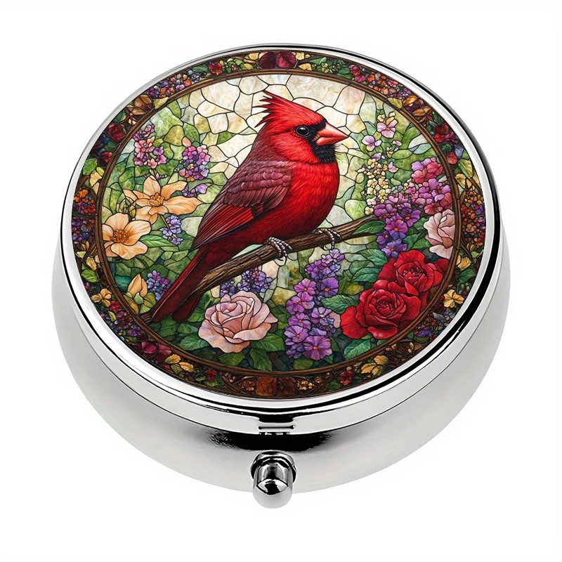 1 piece, portable travel pill box, 3-compartment, includes a mini decorative pill box with a red-crowned phoenix bird design, metal vitamin storage box, decorative metal container for storing medicines and vitamins