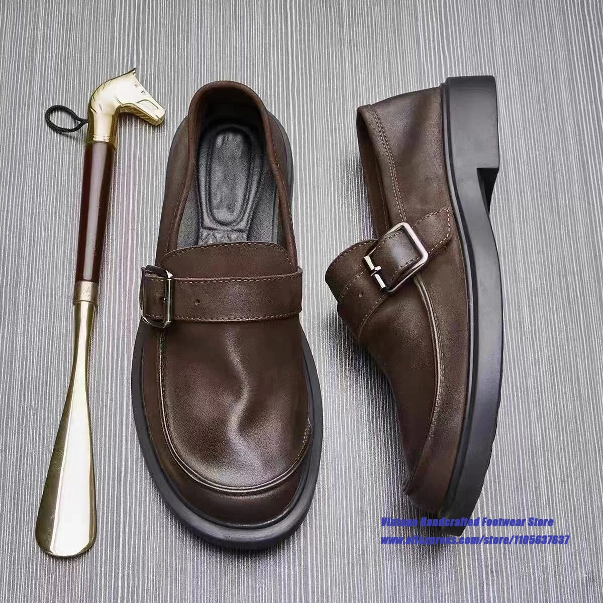 Men's Brown Leather Loafers Adjustable Metal Buckle Slip On Dress Shoes Thick Sole Casual Shoes ﻿Vintage Handcrafted Men's Shoes