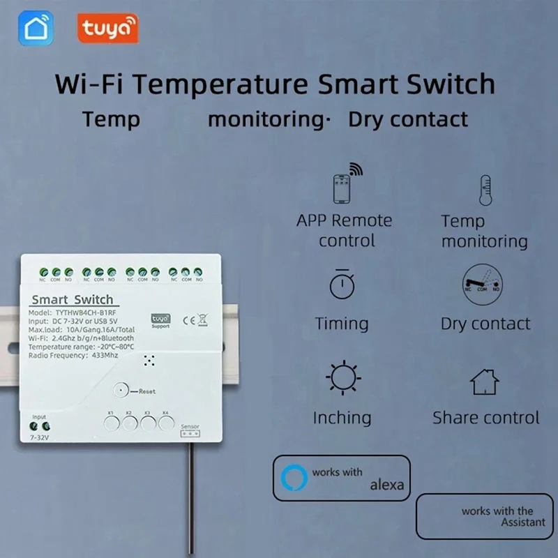 Tuya WiFi DC 7-32V 4 Channel Smart Switch with Temperature Sensor Passive Dry Contact Module Work with Smart Life APP