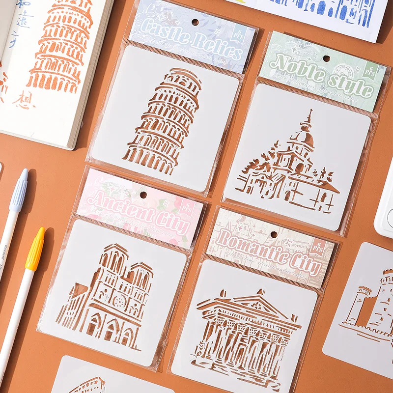 6pc Vintage Castle Stencil Set for Scrapbooking DIY Art Projects Templates Craft Drawing Tools Toys Kids Learning Education