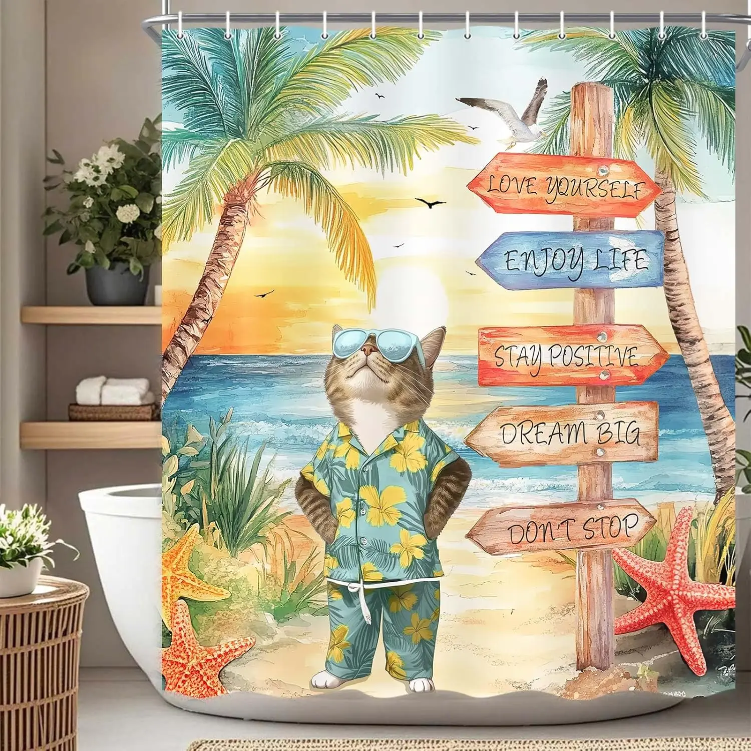 

Занавеска для тропического пляжа, летний комплект занавесок для душа на пляже, забавный декор занавесок для ванной комнаты с котом, океанская прибрежная ванна заката