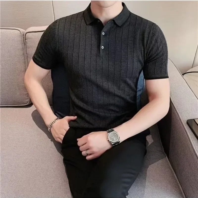

Plain Mens with Collar T-shirt Striped Skinny Black Polyester Top Xl 5xl Loose High Quality Luxury Chic Elastic Male Polo Shirts