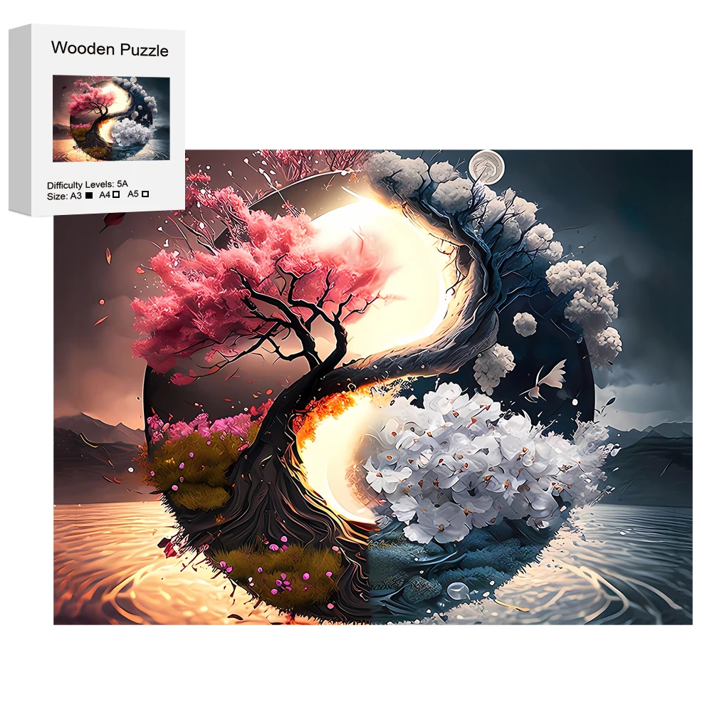 Baum des Yin und Yang Lebens-Holzpuzzle für Erwachsene, einzigartig geformte Holz-Puzzleteile, Weihnachtsgeschenk, Familienspiel, Heimdekoration