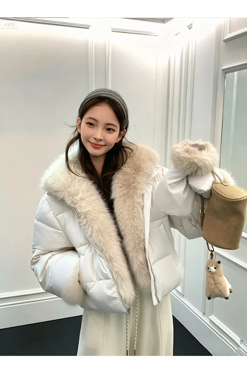 Korean Women's Short Puffer Jacket with Large Fur Collar Women Loose Thick Padded Cotton Coats Female Solid Casual Zipper Parkas