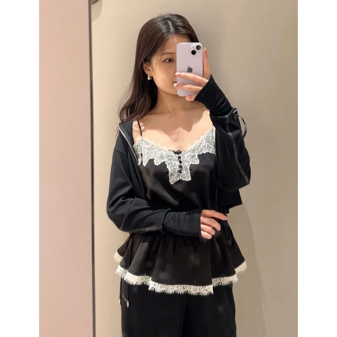 

F-Home Summer Pearl Silk Feel Lace Trim Drawstring Waist Strap Vest Glittering Satin Texture Button Eyelash Lace Patchwork