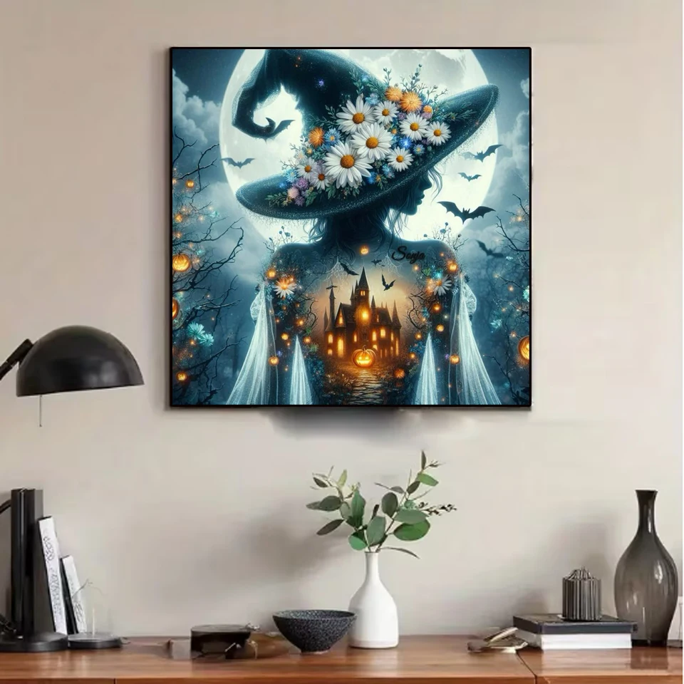 5D DIY Diamond Painting Halloween Witch Bat Kitten Autumn Maple Forest Full Diamond Embroidery Home Wall Art Decor Holiday Gift