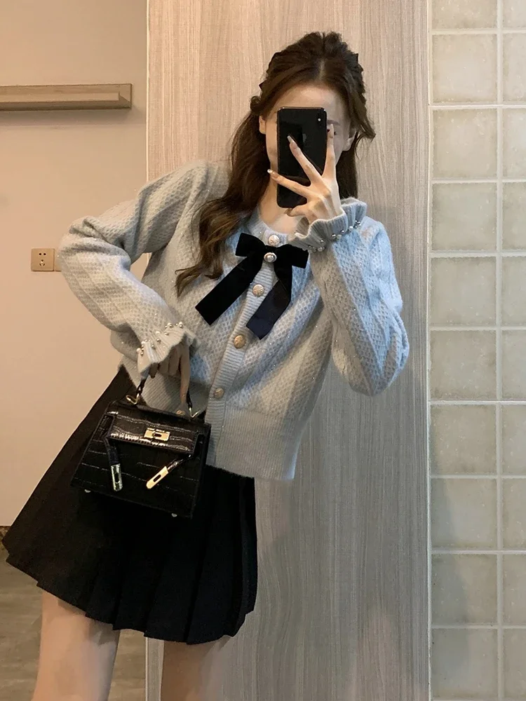 HOUZHOU Elegant Women Knitted Cardigan Bow Cute Long Sleeve O-Neck Bright Silk Single Breasted Korean Style Sweater Party Autumn