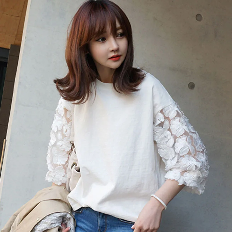 

2025 Summer New Fashion Lace Short-sleeved T-shirt Round Neck Casual Solid Color Women's Top