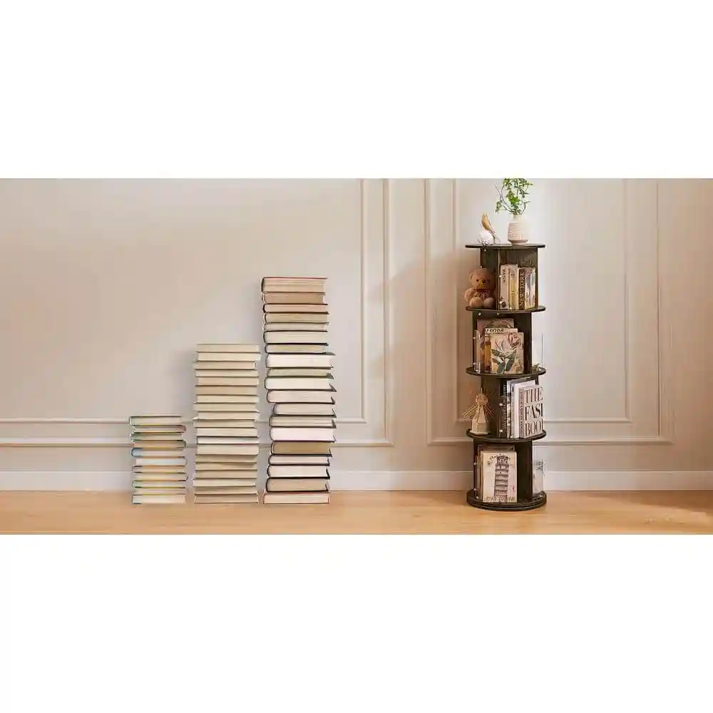 Brown 4 Tier Rotating Bookshelf - 360 View Display Unique Revolving Storage Rack for Spinning Small Bookcase for Kids