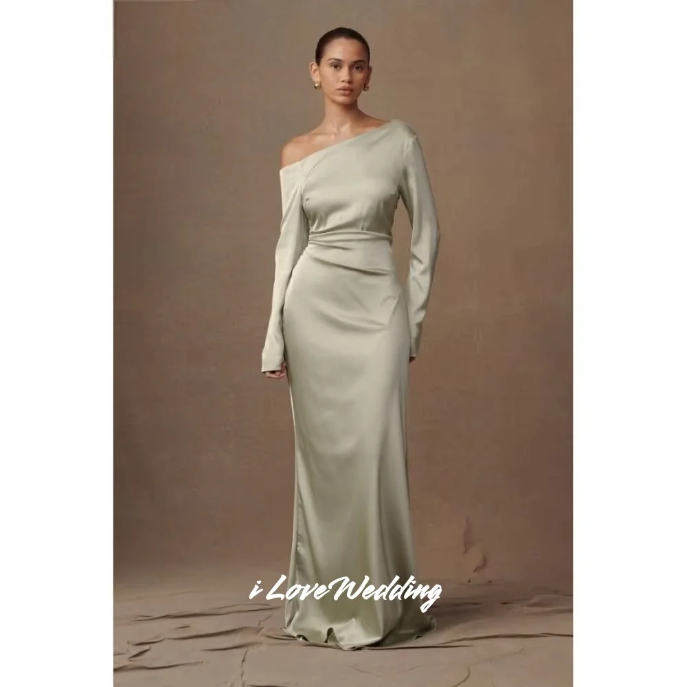 

Green One Shoulder Evening Dresses 2025 Long Sleeve Mermaid Button Floor-Length Sexy Pleated Wedding Party Dresses Customized