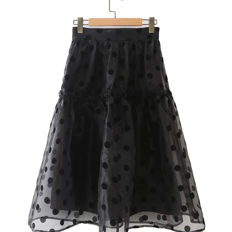 Autumn New Polka Dot Retro Gentle and Elegant Pleated High Waist Slim Body Organza Flocking Polka Dot Black Skirt Streetwear