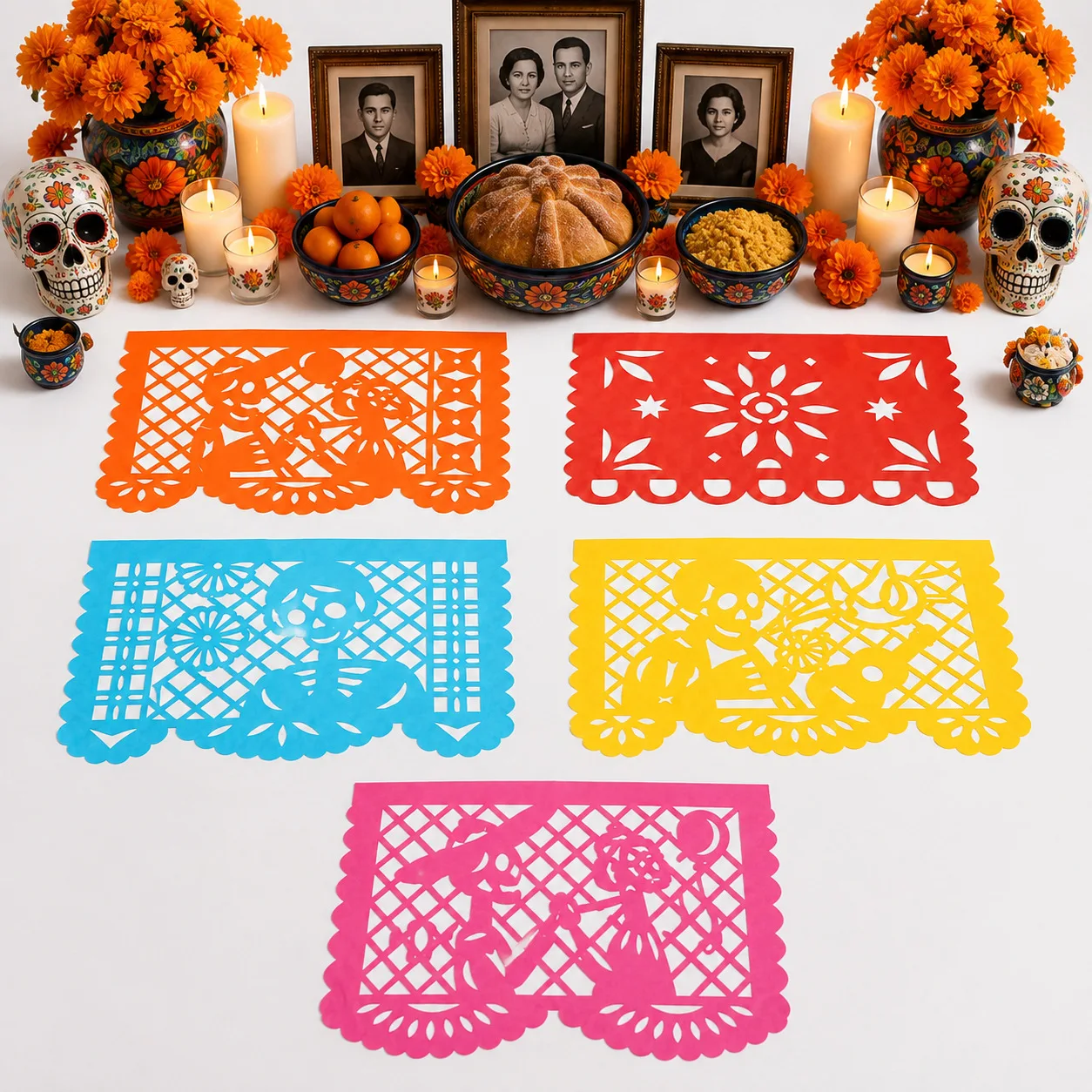Mexikanisches Tag der Toten Papel Picado Banner 50 Stück Hohle Totenkopf-Blumen-Ausschnitt-Fahnen-Girlande Dia De Muertos Fiesta Party Hängedekoration – Detail 10