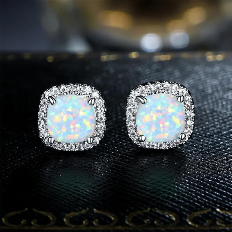 Women's Cute White Fire Opal Stone Round Stud Earrings