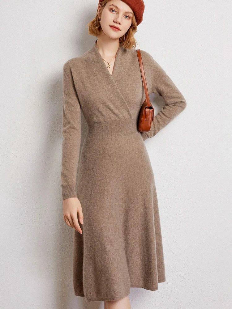 

ADDONEE Women 100% Cashmere Dresses Autumn Winter Grace A-line Dresses Office Lady neck Waist Cinching Dresses Cashmere Knitwear