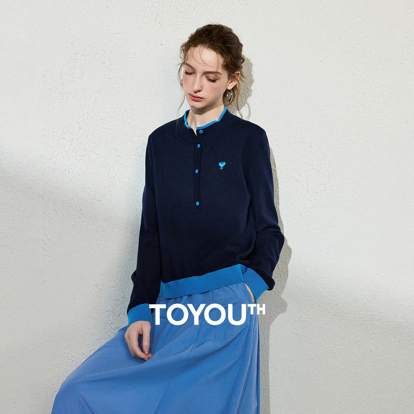 TOYOUTH Women Sweater 2026 Autumn New Henley Collar Color Contrast Rib Heart Embroidery Slightly Loose Knit Tops