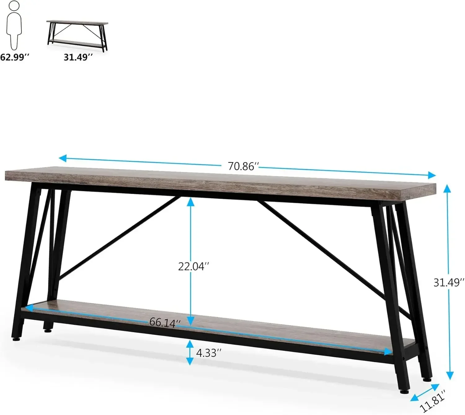 70.9 Inches Extra Long Sofa Table Behind Couch, Industrial Entry Console Table for Hallway, Entryway & Living Room, Light Grey