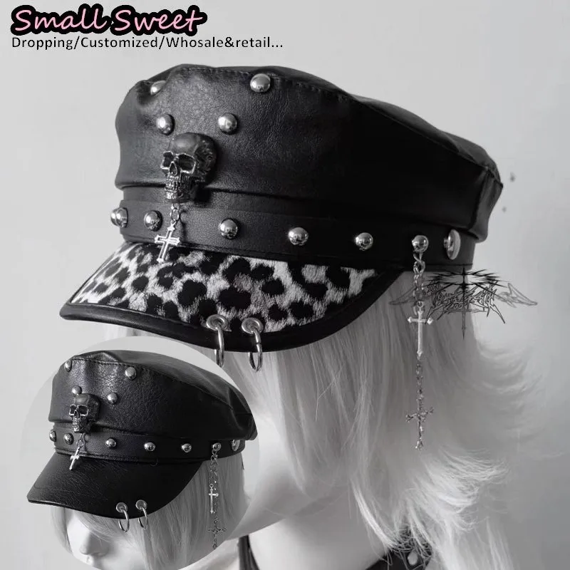 Women\'s Black Rivet Pu Leather Beret Fashion Caps Punk Rock Gothic Hats Vintage Punk Style Personalized Rivets Skull Chain PU  main image 3