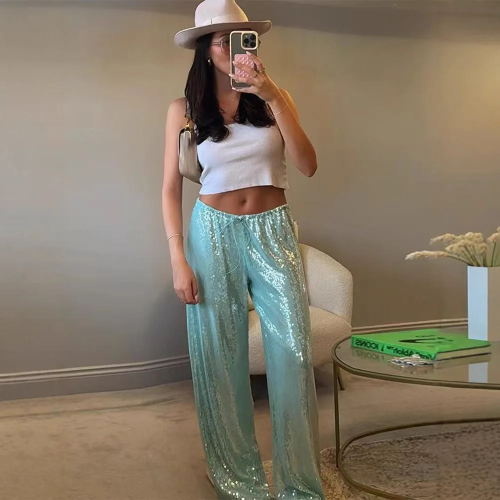 Wide leg pants 2026 European and American new fashion casual pants women's loose sequined slim fit pants
