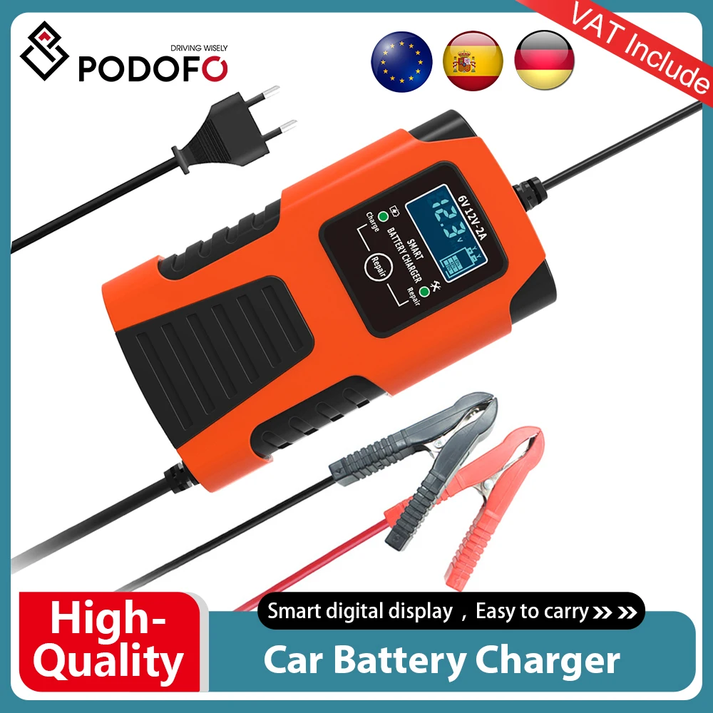 Podofo-cargador de batería para motocicleta y coche, totalmente automático, 6V, 12V, 2A, pantalla LCD de 3 etapas, para reparación de pulso de calcio húmedo de GEL de plomo-ácido