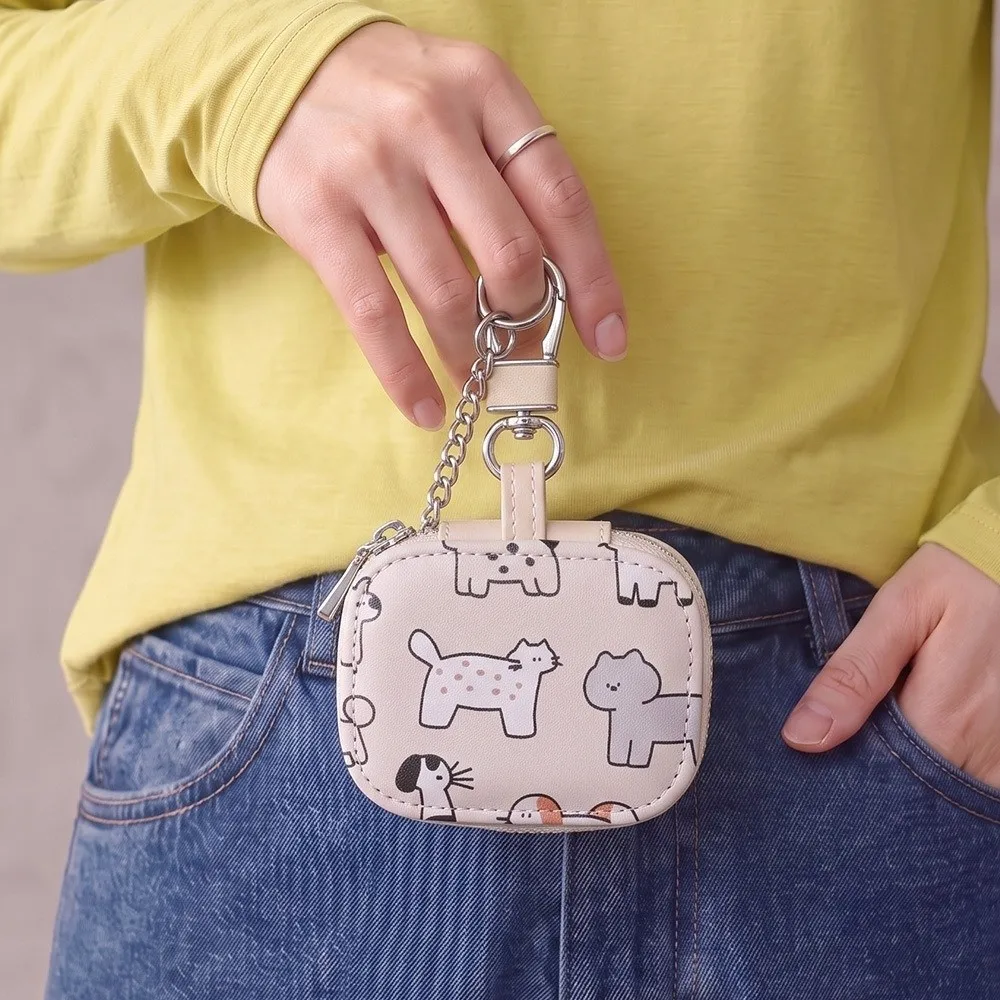 Portable Cartoon Print Portable Key Pouch with Hanging Chain Mini Earphone Bag PU Key Case