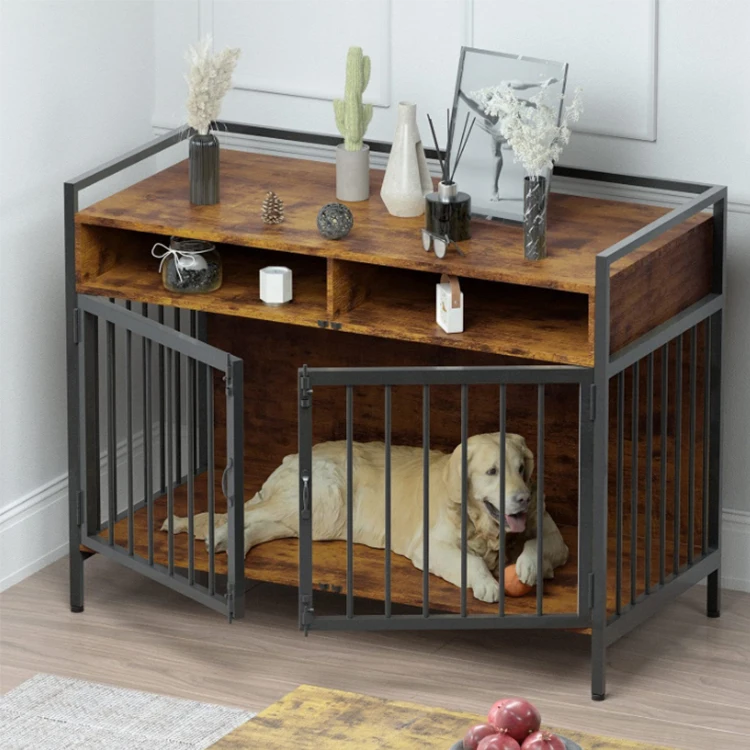 Custom Dog Cages Metal Kennels Wooden Dog Cage Furniture Indoor Double Door Table Pet Cages For Large Dogs