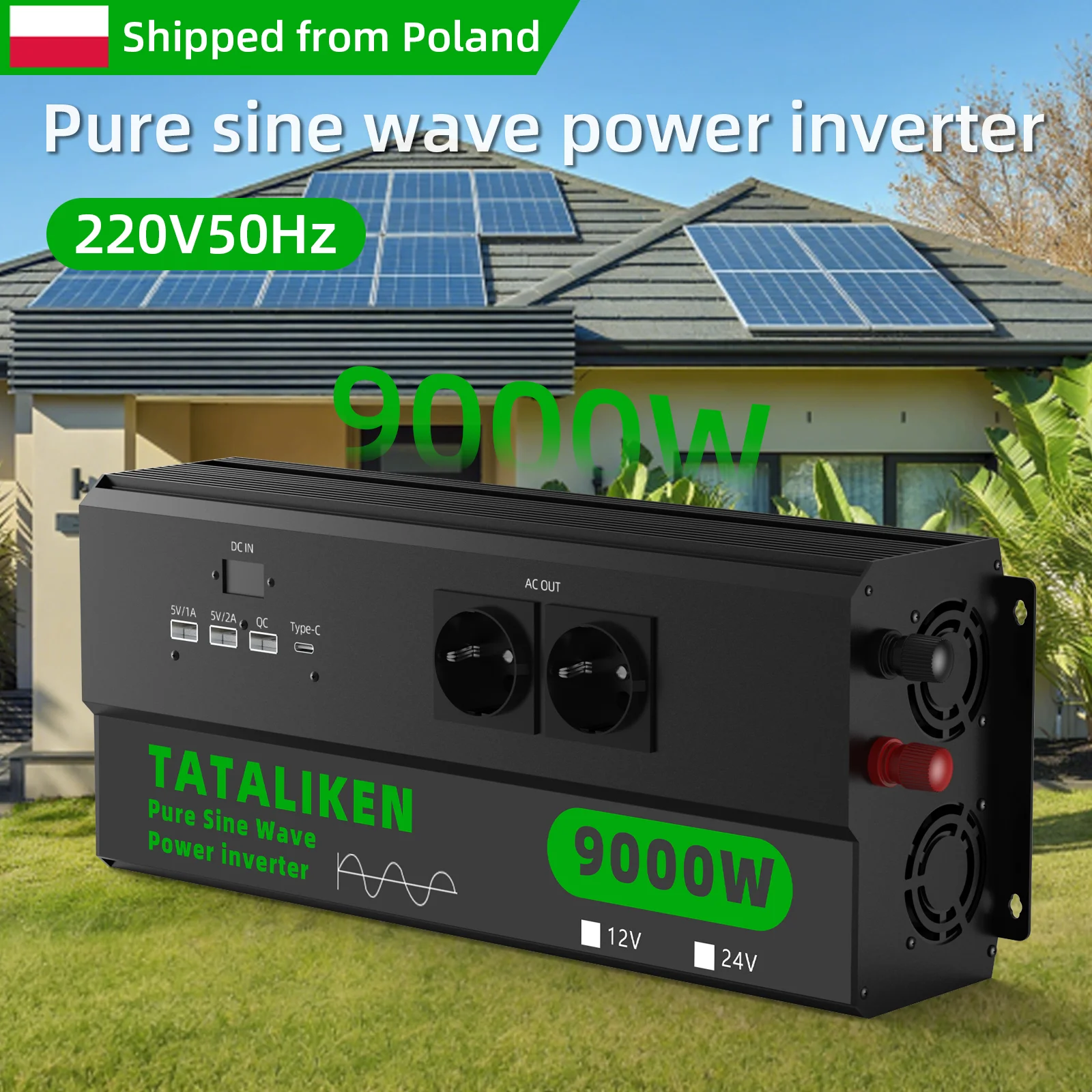 9000W Reiner Sinus-Wechselrichter 12V auf 220V 50Hz, 4 EU-Steckdosen, LED-Anzeige, Temperaturgesteuerter Lüfter für Wohnmobile und LKWs