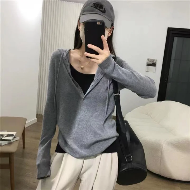 2024 Early Autumn New Women's Curved Hoodie Korean Style Minimalist Style Worsted Wool Solid Color Long Sleeve Knitted Top Fashi