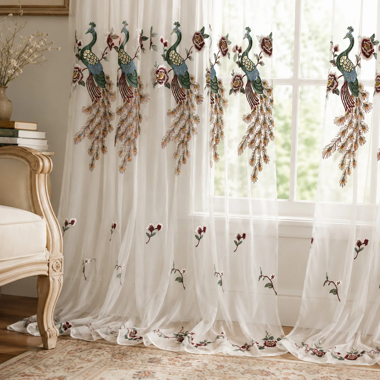 Embroidery Room - 1 pièce, Voilage blanc brodé de