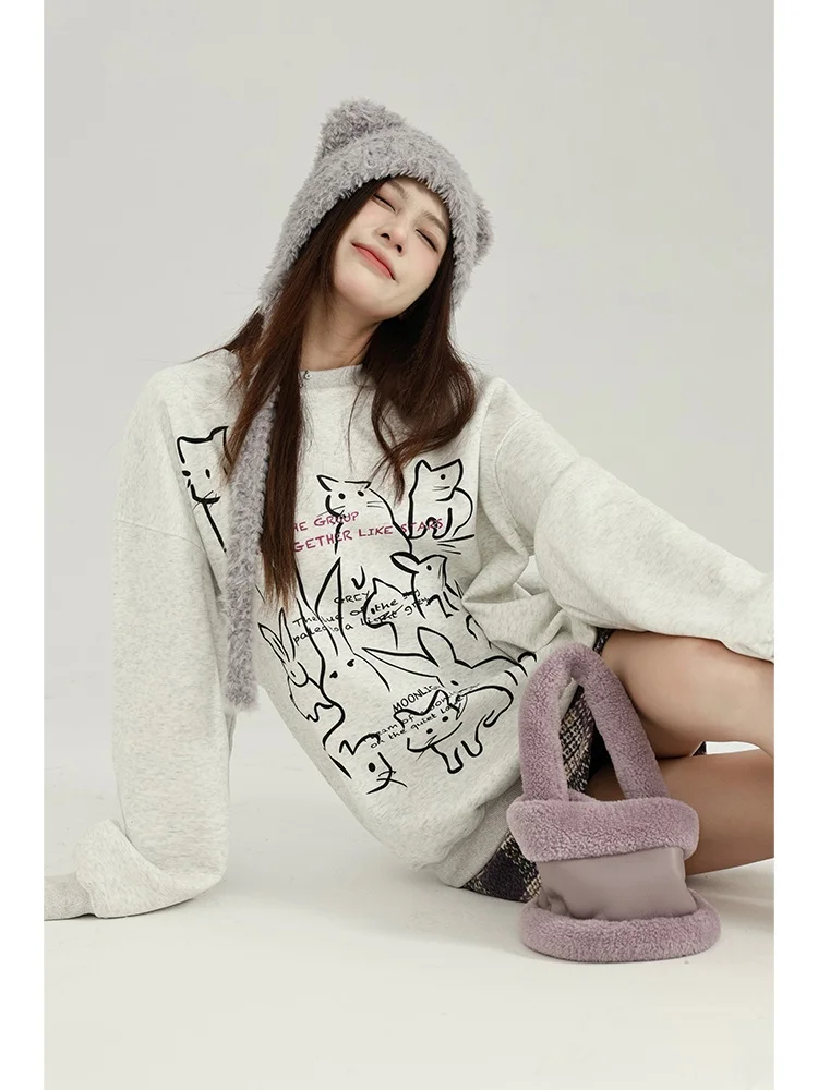 

ay Fce-lined Round-ne Rabbit Sketch Hoodie Slim-fit Women's Sweatirt Comfortable Korean Sle Long-sve T-irt