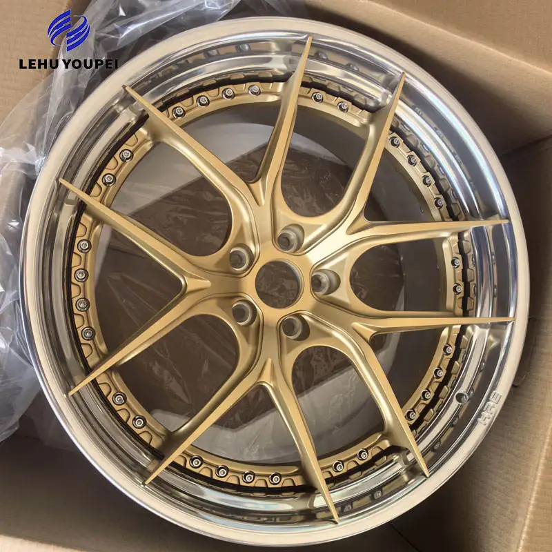 18-22 Inch 5x114.3 Deep Concave Two-Piece Gold Polished Lip Forged Alloy Racing Wheel Rims Custom Passenger Car Wheels