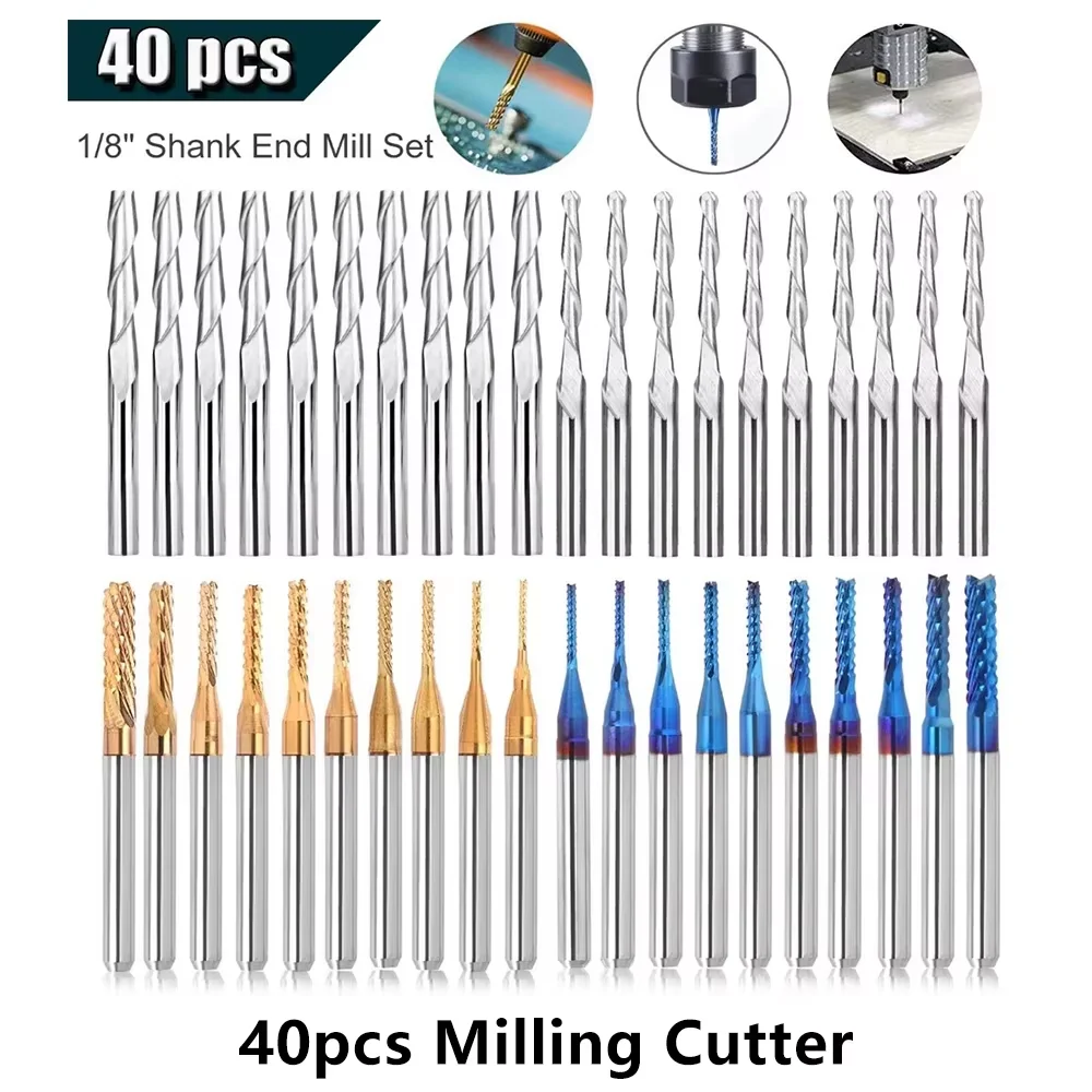 Zwei Bäume 40 Stück Schaftfräser CNC-Fräser-Set 1/8 Zoll Schaft CNC-Gravur Schneiden Fräser Nano-beschichtete Hartmetall-Fräswerkzeuge