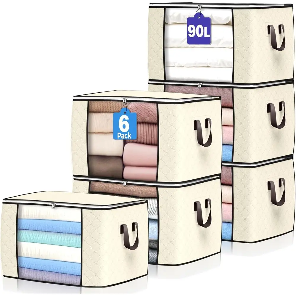 

6-Pack Foldable Storage Bins for Large Capacity - Beige Organizers with Handles for Clothes, Blankets, Linens, and Toys