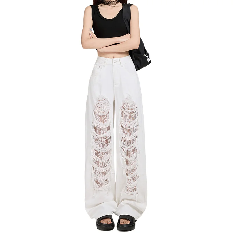 Personality Ripped Lace High-waisted Jeans, New Fashionable Loose and Floor-length Wide-leg Jeans for Women in Spring and Summer