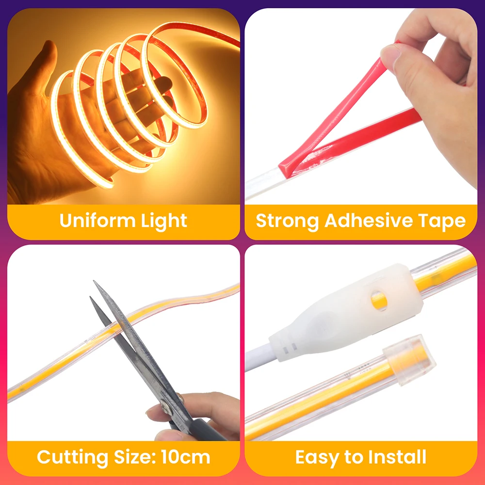 AC 220V 230V 240V COB Led Strip Light Tape Warm Natural White/Red/Pink/Green/Yellow/Ice Blue/Purple 240LEDs/m No Power Eequired