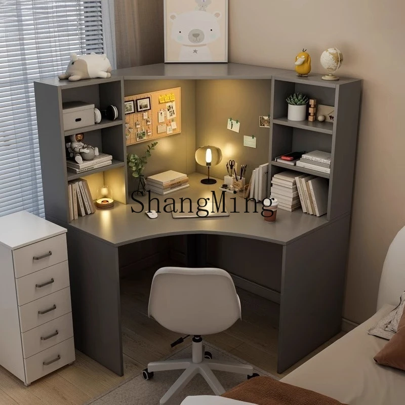 

SM study table solid wood corner computer bookshelf combination integrated desktop student writing bookcase household