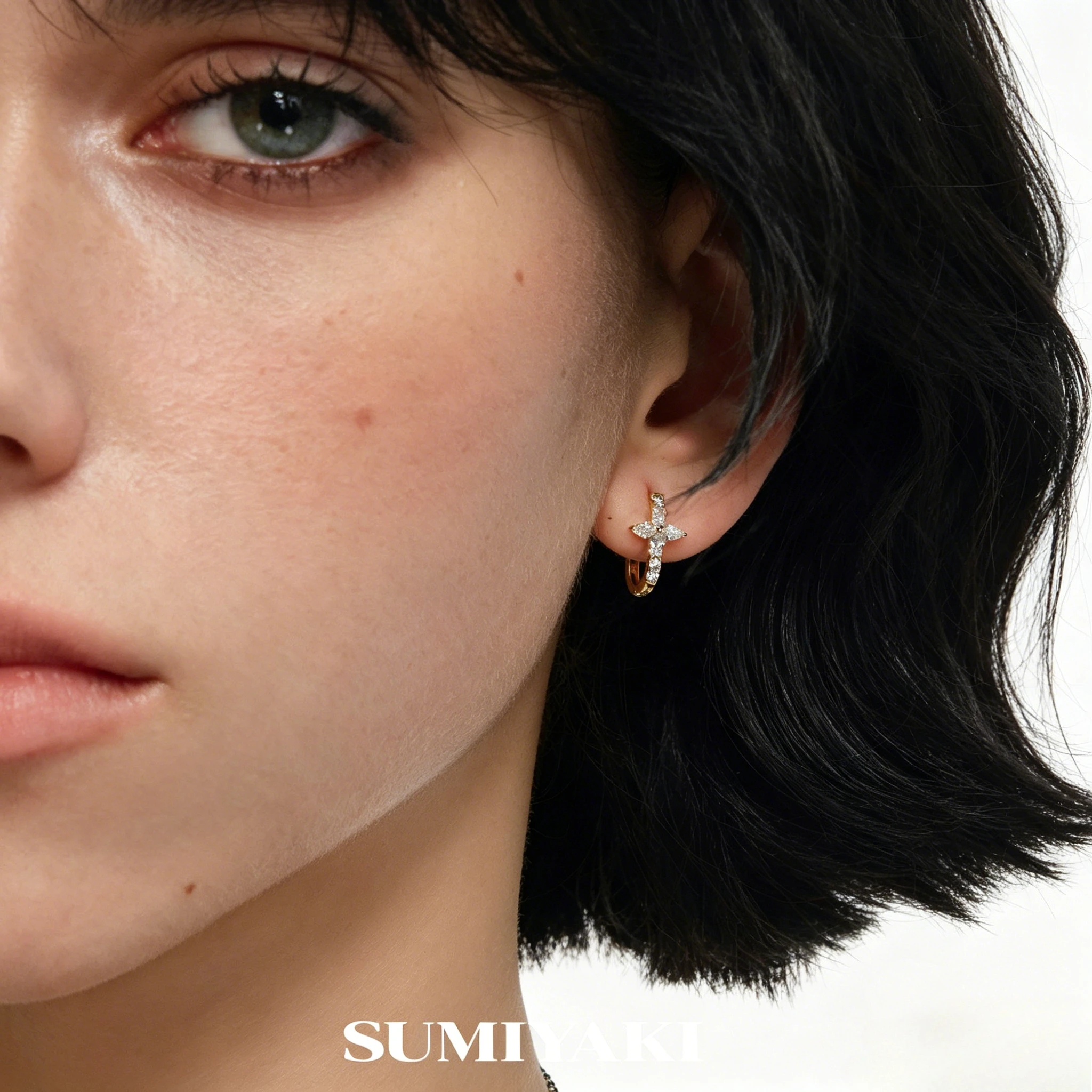 Genuine SUMIYAKI Stacked Earrings, Flashing Cross Full Diamond Ear Clasp Earrings