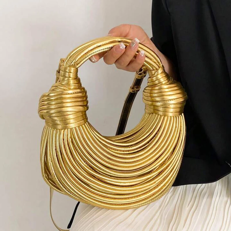 

Fashion Gold Knotted Hobos Women Handbags Designer Handwoven Noodle Bag Luxury Pu Leather Half Moon Shoulder Crossbody Bags 2024