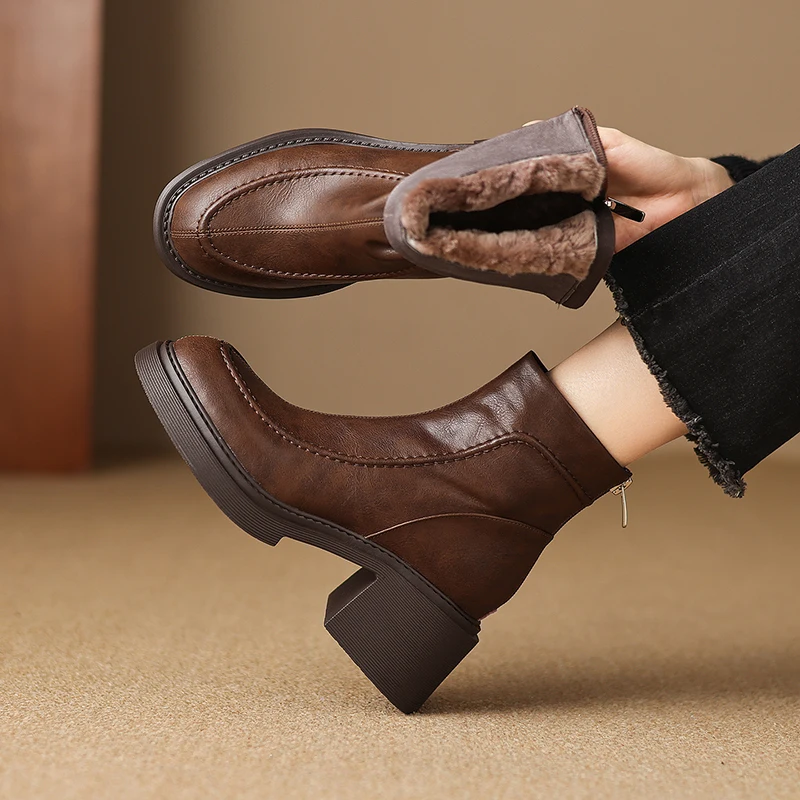 2026 new autumn winter women ankle boots natural leather plus size 22-25cm split leather+wool thick heel back zip short boots