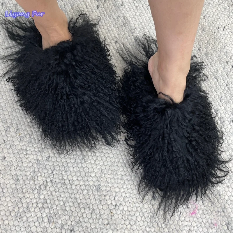 

Factory Direct Supply Real Sheepskin Slippers Fluffy Mongolian Long Curly Fur Slides